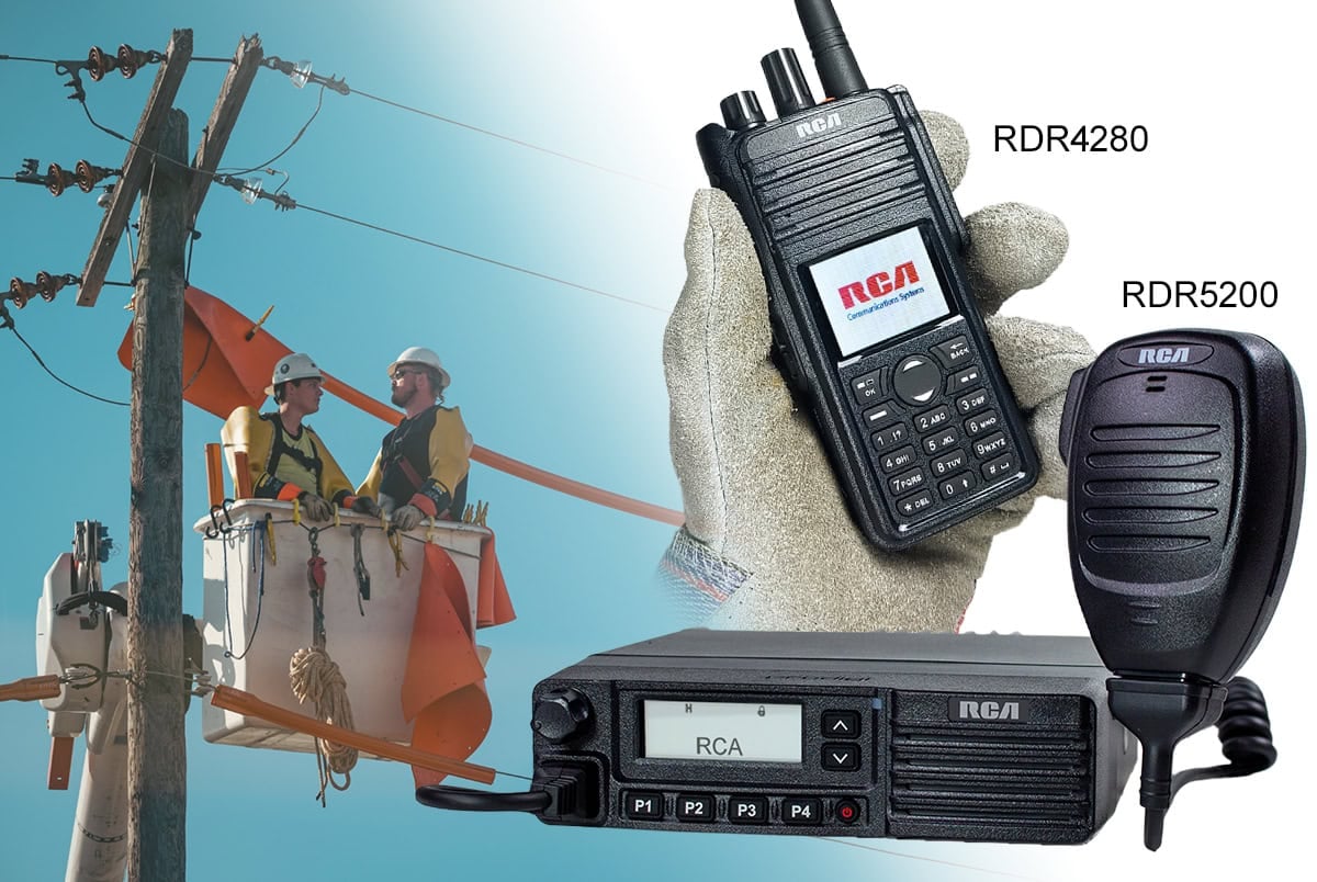 Two-way radios for utilities concept: an RDR4280 portable and an RDR5200 mobile are displayed next to two utility workers standing in a boom crane basket beside a telephone poll.